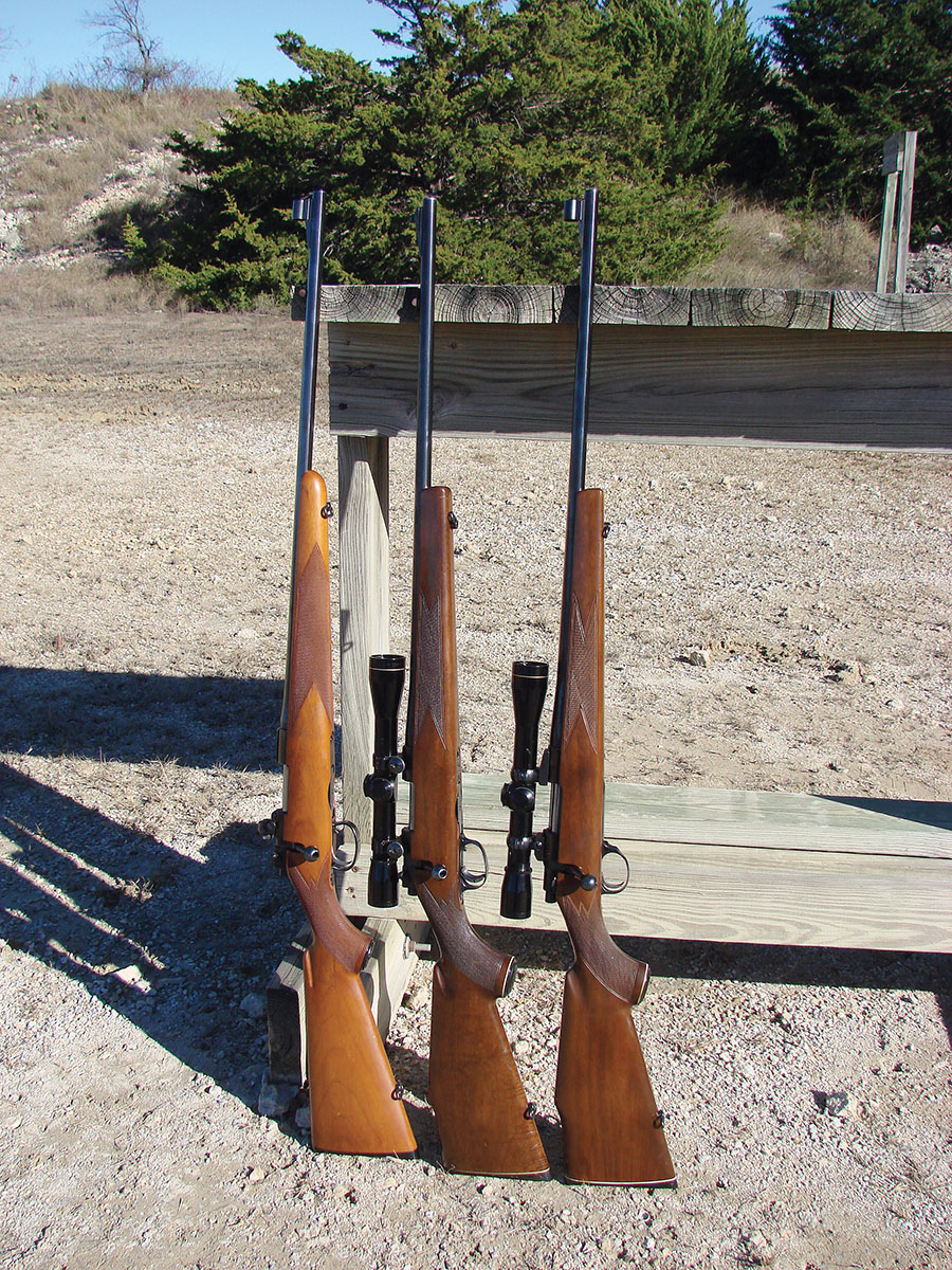 A trio of Sako 222 Remington bolt-action rifles, from left: an early L46, a later L46 and an L461 Vixen.
